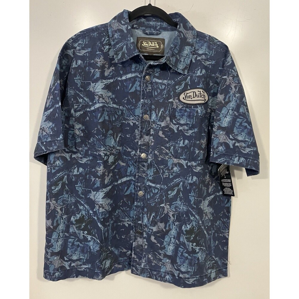 NEW Von Dutch Men’s Mechanic Snap Shirt Short Sleeve Blue Camo Sz L